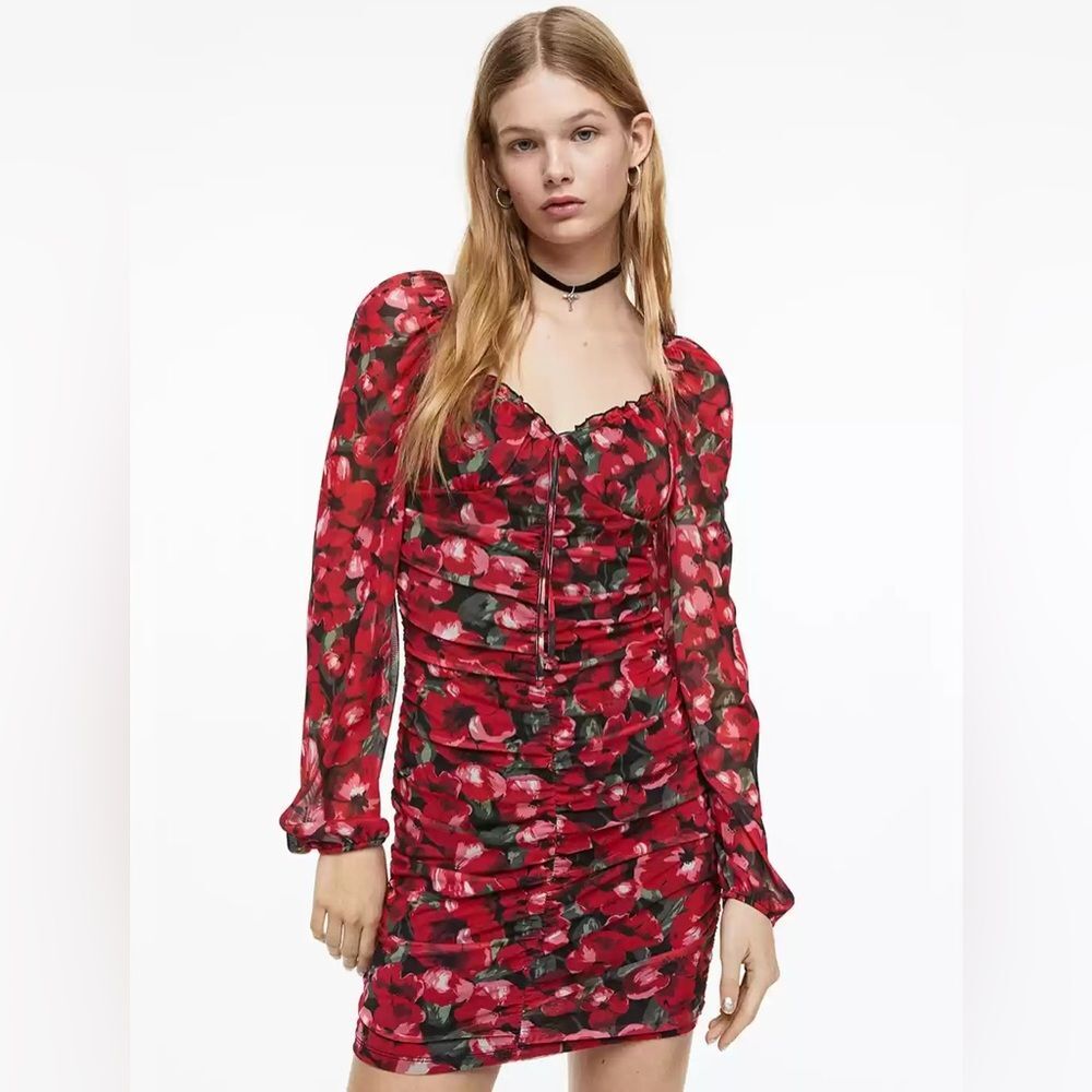 H&M Ruched Floral Mesh Mini Dress Red Black Bodycon Y2K Party XS S